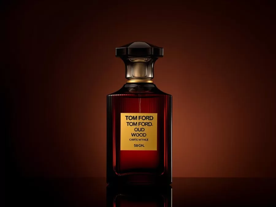 Tom Ford Oud Wood bottle with its luxurious amber-colored liquid and signature Tom Ford design