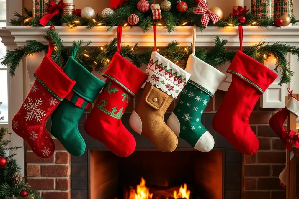 Traditional Christmas stockings hanging from a fireplace mantel