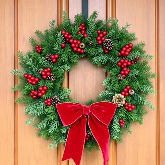 Traditional evergreen Christmas wreath with red berries and bow