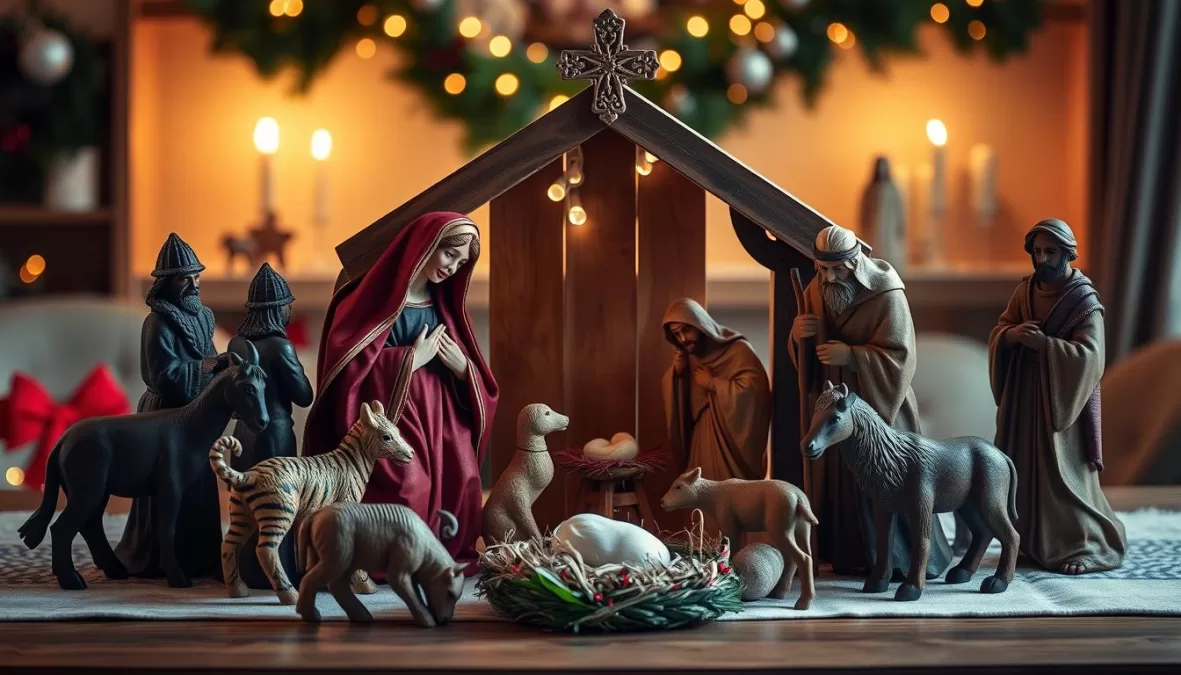 Traditional nativity scene with Mary, Joseph, baby Jesus, and the Three Wise Men