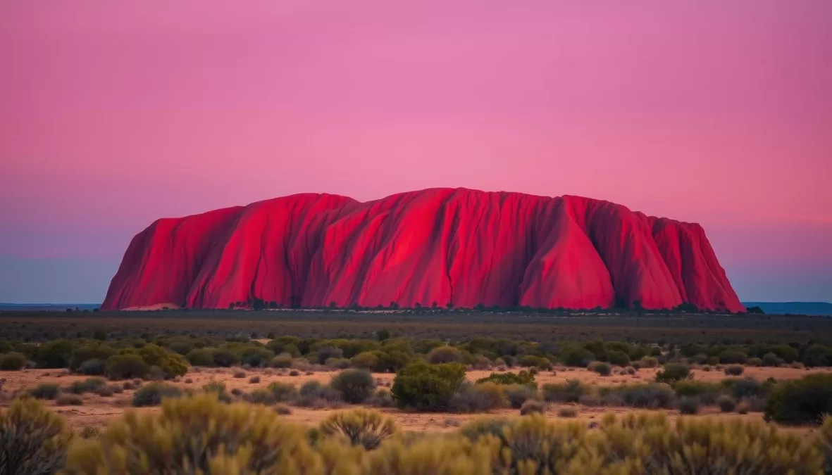 Uluru (Ayers Rock) at sunset with its distinctive red glow, a sacred site among top 10 Australia tourist attractions