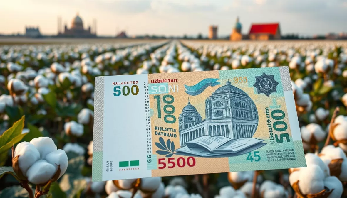 Uzbekistan Som banknotes with cotton fields and economic transition imagery showing post-Soviet challenges