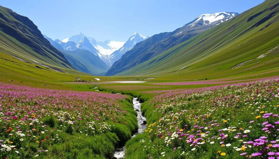 Valley of Flowers National Park in Uttarakhand with colorful alpine blooms and mountain backdrop, ranked as the top travel destination in India for 2026