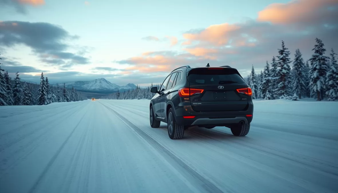 Vehicle with winter tires safely navigating a snowy Canadian road
