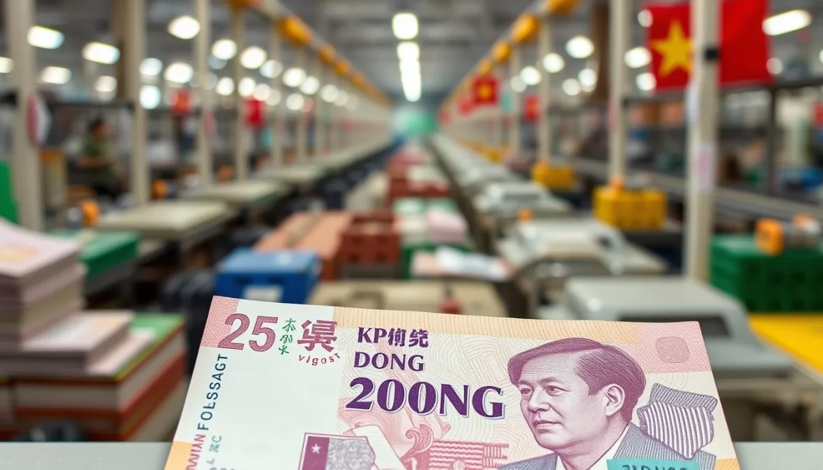 Vietnamese Dong banknotes with export-oriented manufacturing facilities in the background showing economic strategy