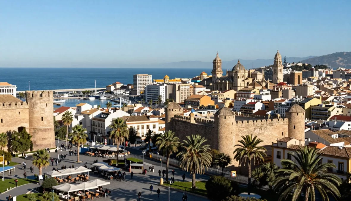 View of Malaga's historic center with the Alcazaba fortress and port in January 2026