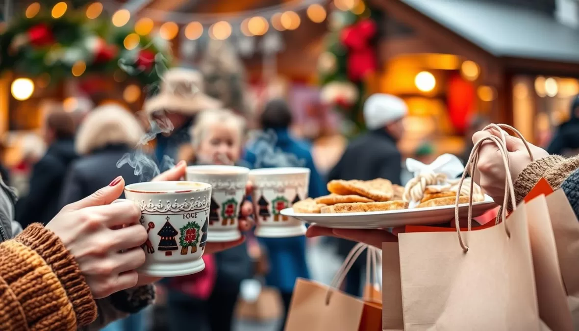 Visitors enjoying mulled wine and festive treats at a European Christmas market, top 10 christmas markets in europe 2025