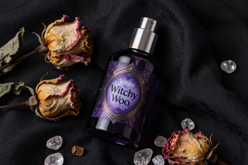 Vyrao Witchy Woo bottle with mystical design elements against dark background