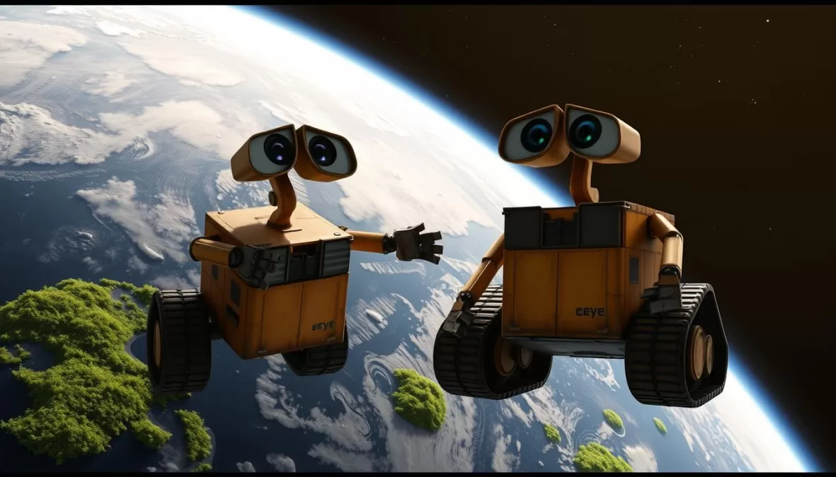 WALL-E and EVE floating in space with Earth visible in the background and plant life beginning to grow