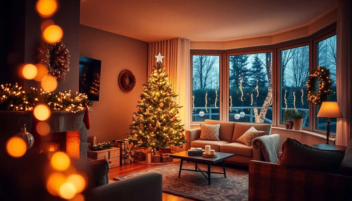 Warm white Christmas lights illuminating a home interior