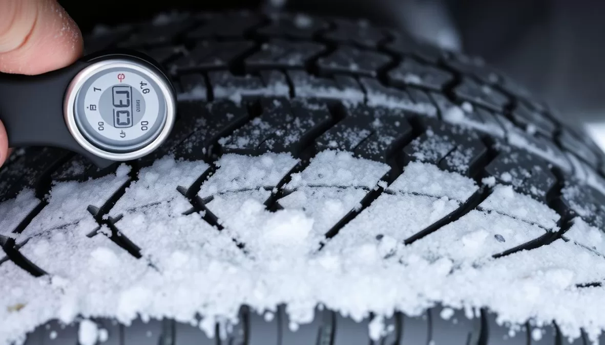 Winter tire tread depth being measured with a gauge in Canadian winter conditions