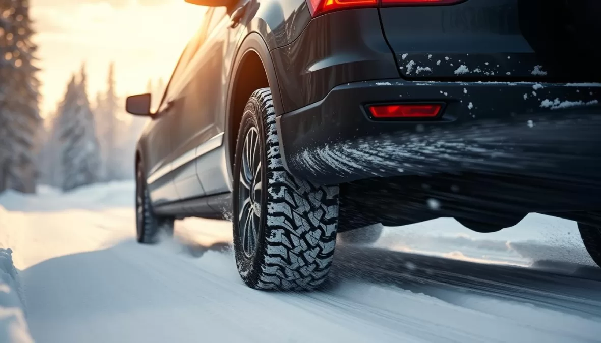 Winter tires on a vehicle driving through snowy Canadian road conditions