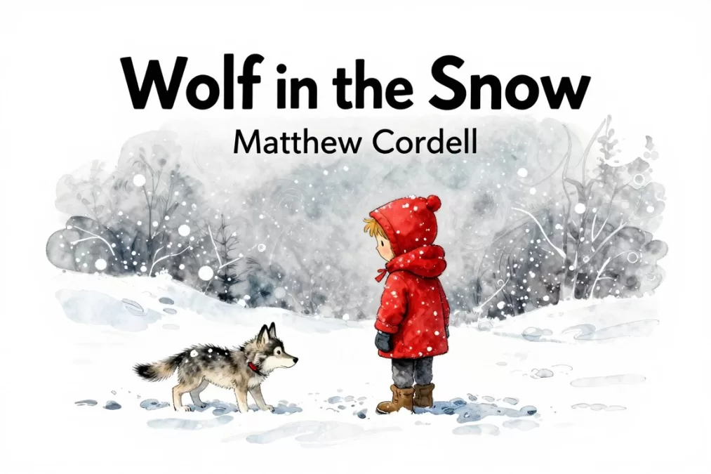 Wolf in the Snow book cover showing child and wolf pup in snowstorm