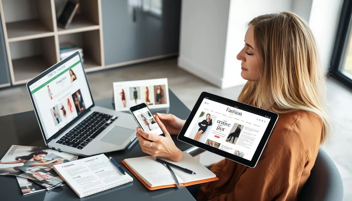 Woman comparing different fashion websites on multiple devices