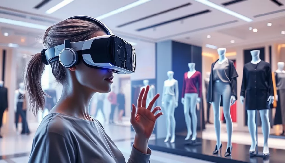 Woman shopping in a virtual reality fashion metaverse