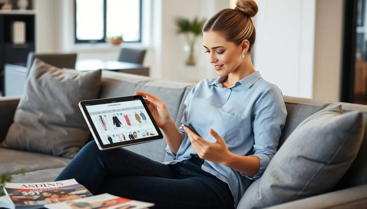 Woman shopping online on multiple fashion websites on a tablet device