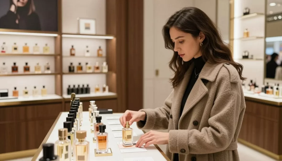 Woman testing different winter fragrances on paper strips in a luxury perfume store