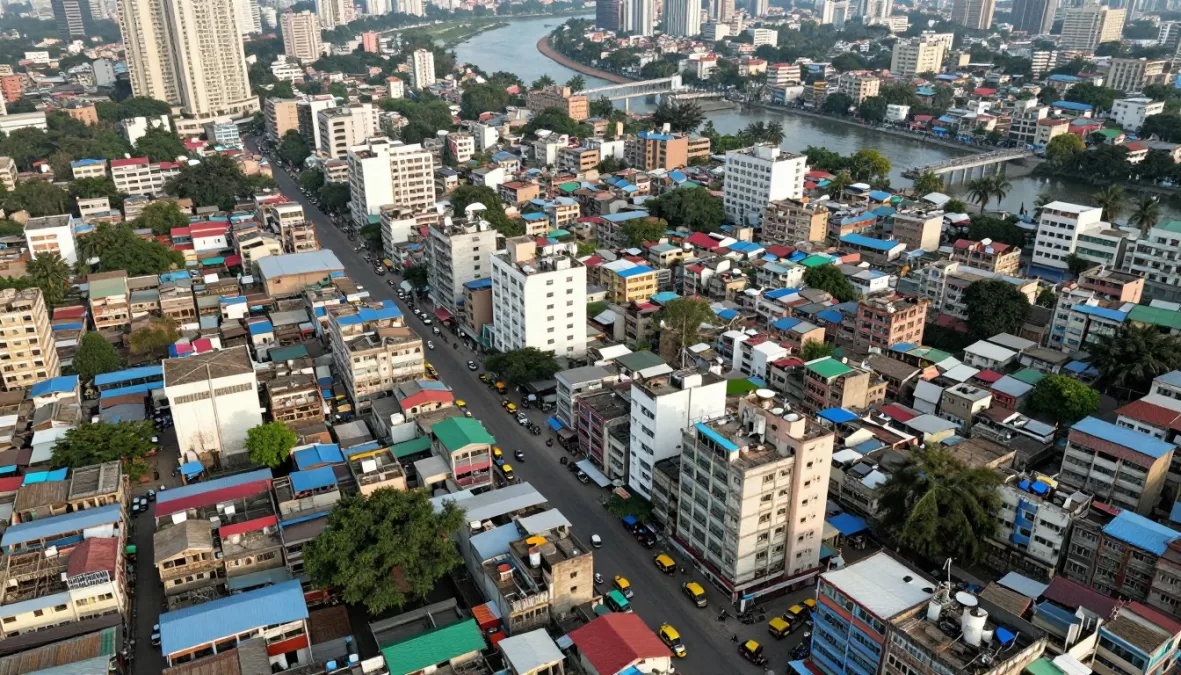 Aerial view of densely populated Dhaka showing urban density and development patterns in Bangladesh's capital