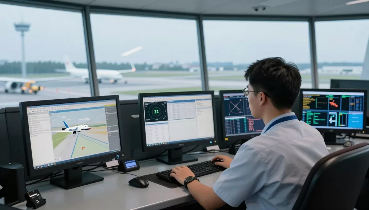 Air traffic controller working at radar station