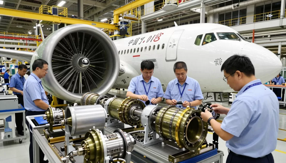 Aircraft assembly line with engineers inspecting components