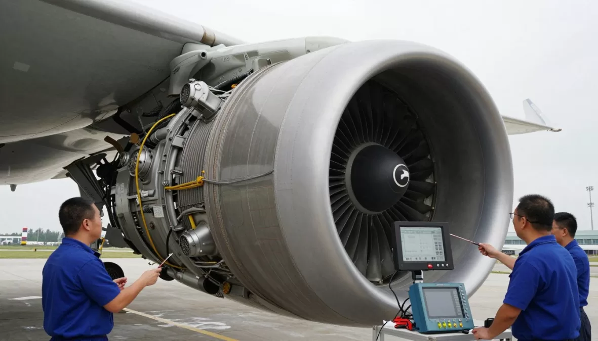 Aircraft engine being inspected by maintenance technicians