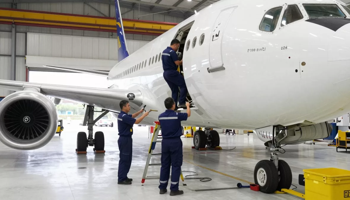 Aircraft maintenance technicians performing inspections in a hangar