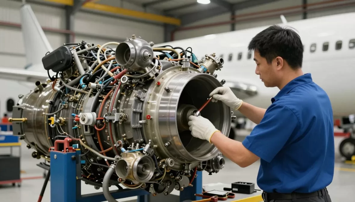 Aircraft mechanic working on airplane engine