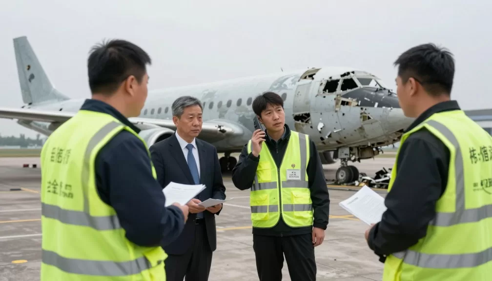 Aircraft wreckage after a plane crash with investigators examining the scene