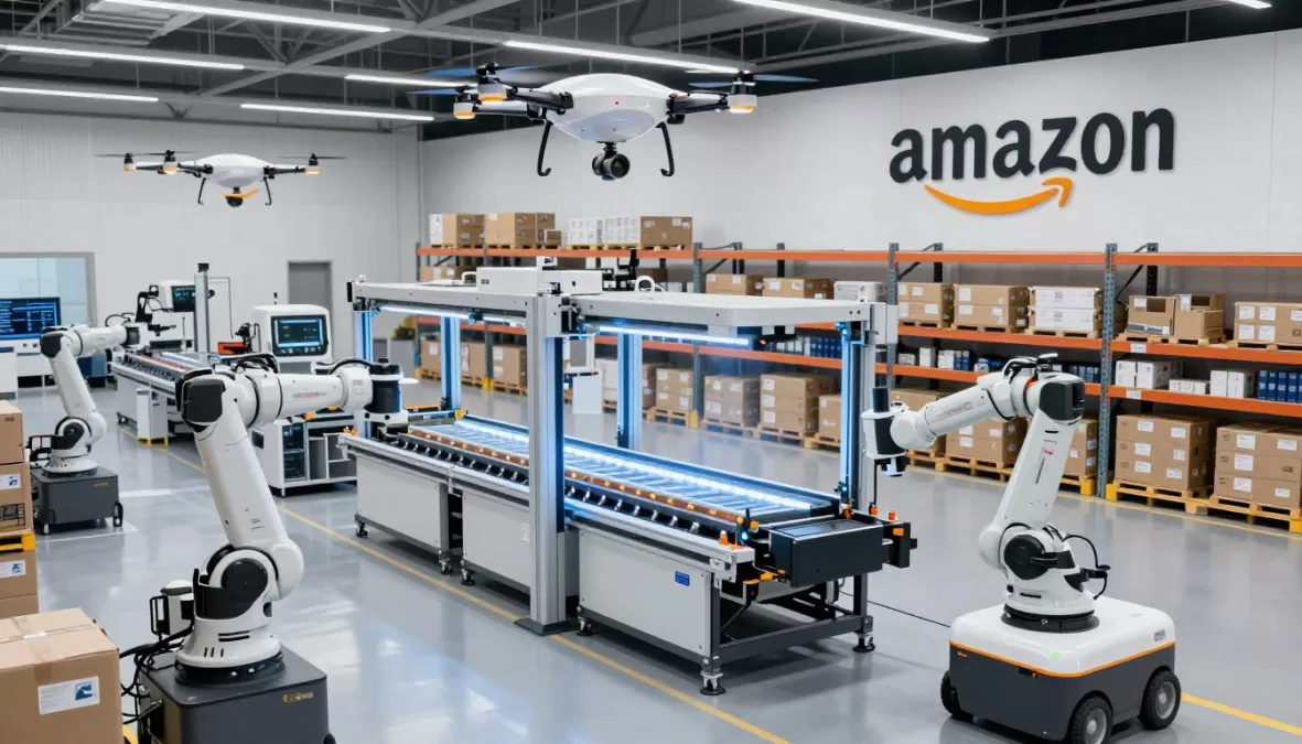 Amazon fulfillment center with advanced robotics representing future logistics