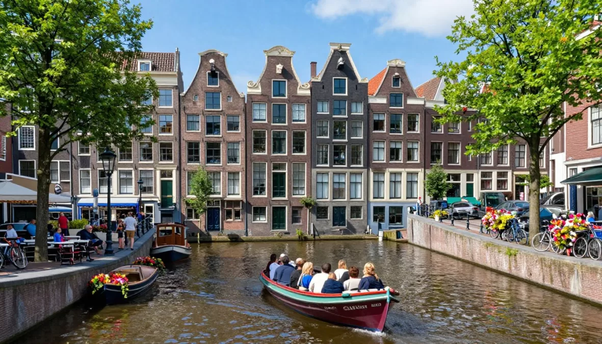 Amsterdam's canals with boats, flowers and outdoor cafes in summer