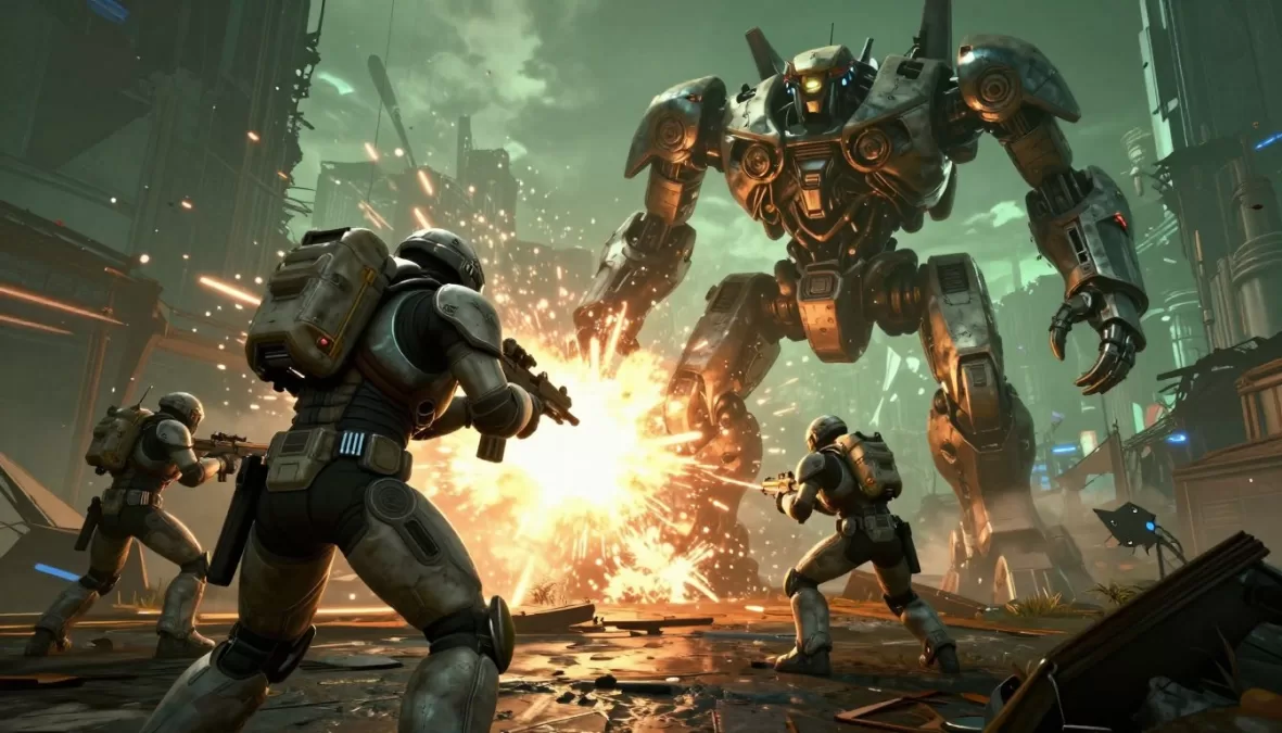 Arc Raiders showing players battling massive robots in a post-apocalyptic landscape