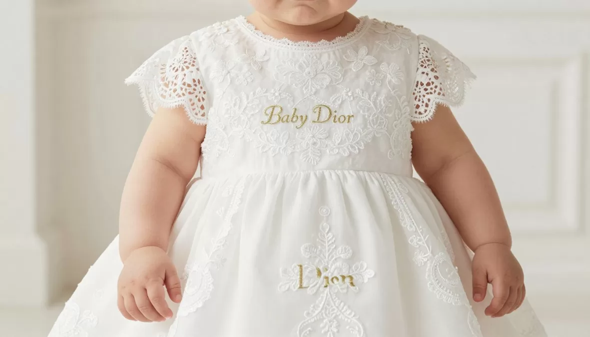 Baby wearing Baby Dior hand-embroidered christening gown with French lace details, representing Most Expensive Baby Clothing Brands