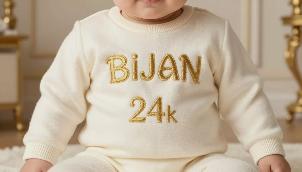 Baby wearing Bijan Baby bespoke cashmere outfit with 24k gold embroidered details, representing the Most Expensive Baby Clothing Brand in the world
