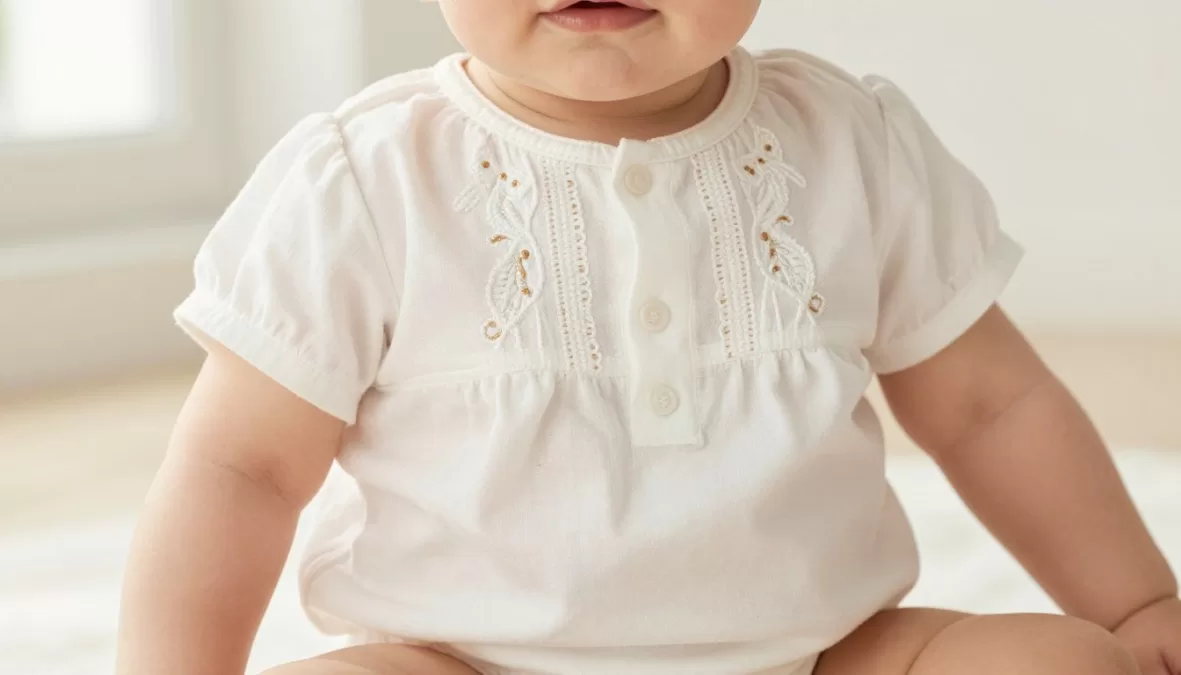 Baby wearing Bonpoint signature embroidered outfit in organic cotton with vintage-inspired details, representing Most Expensive Baby Clothing Brands