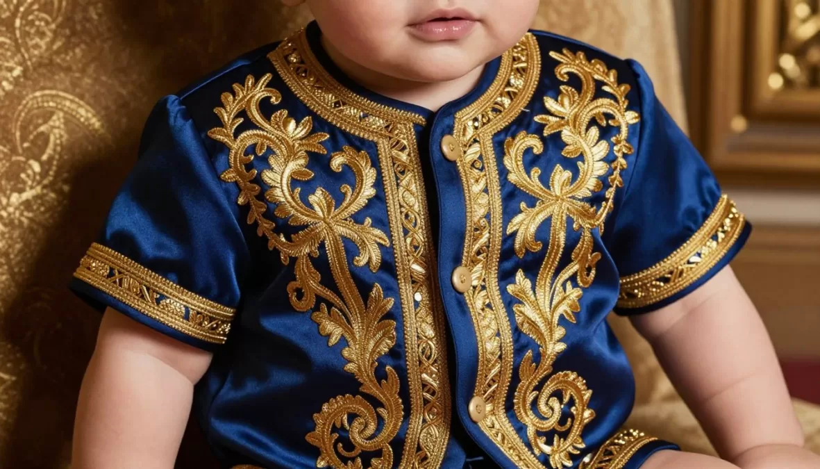 Baby wearing Dolce & Gabbana silk outfit with ornate Sicilian-inspired embroidery, showcasing one of the Most Expensive Baby Clothing Brands
