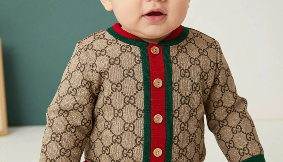 Baby wearing Gucci signature GG-pattern outfit with red and green ribbon details, showcasing one of the Most Expensive Baby Clothing Brands