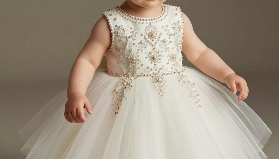 Baby wearing Mischka Aoki couture dress with hand-beaded details and premium fabrics, representing Most Expensive Baby Clothing Brands