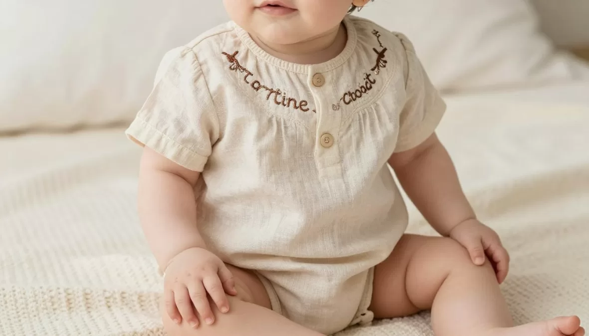 Baby wearing Tartine et Chocolat linen outfit with signature embroidery, representing one of the Most Expensive Baby Clothing Brands
