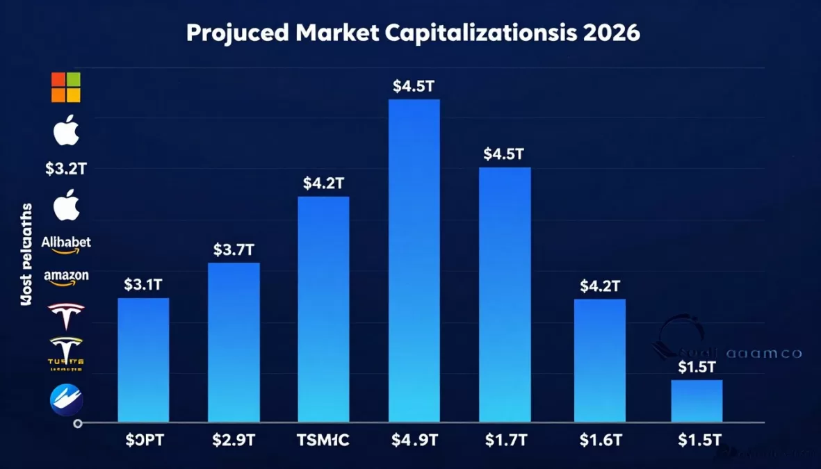 Bar chart showing the forecasted market capitalizations of the top 10 most valuable companies in the world 2026