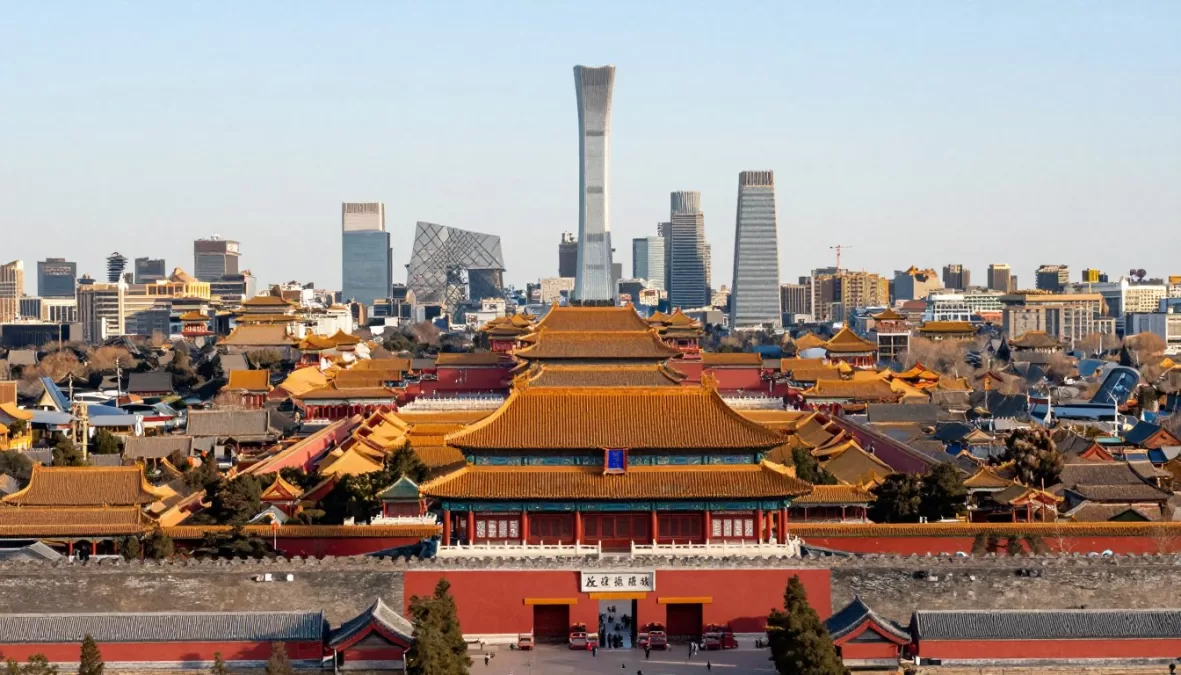 Beijing's modern skyline contrasted with historical sites like the Forbidden City, showing China's capital city