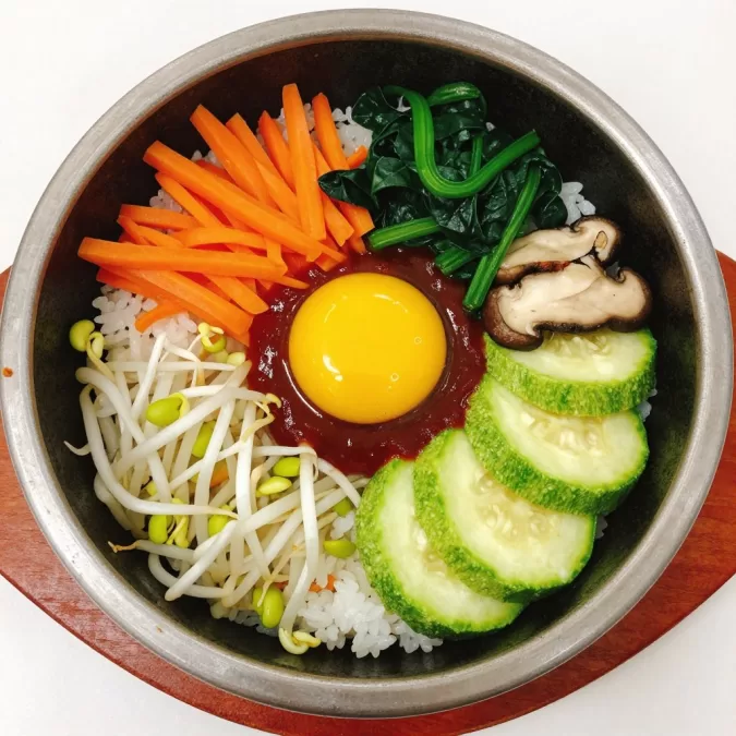 Bibimbap in a stone bowl with colorful vegetables and egg