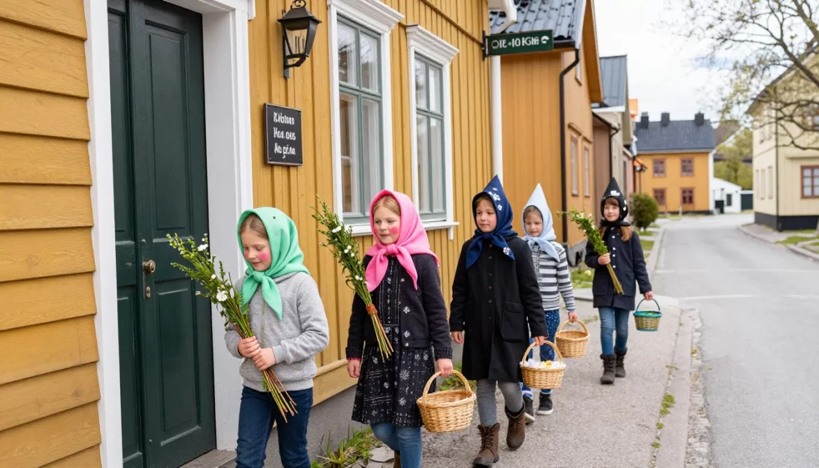Children dressed as Easter witches (påskkärringar) in Stockholm with decorated willow branches for Easter in Europe 2026