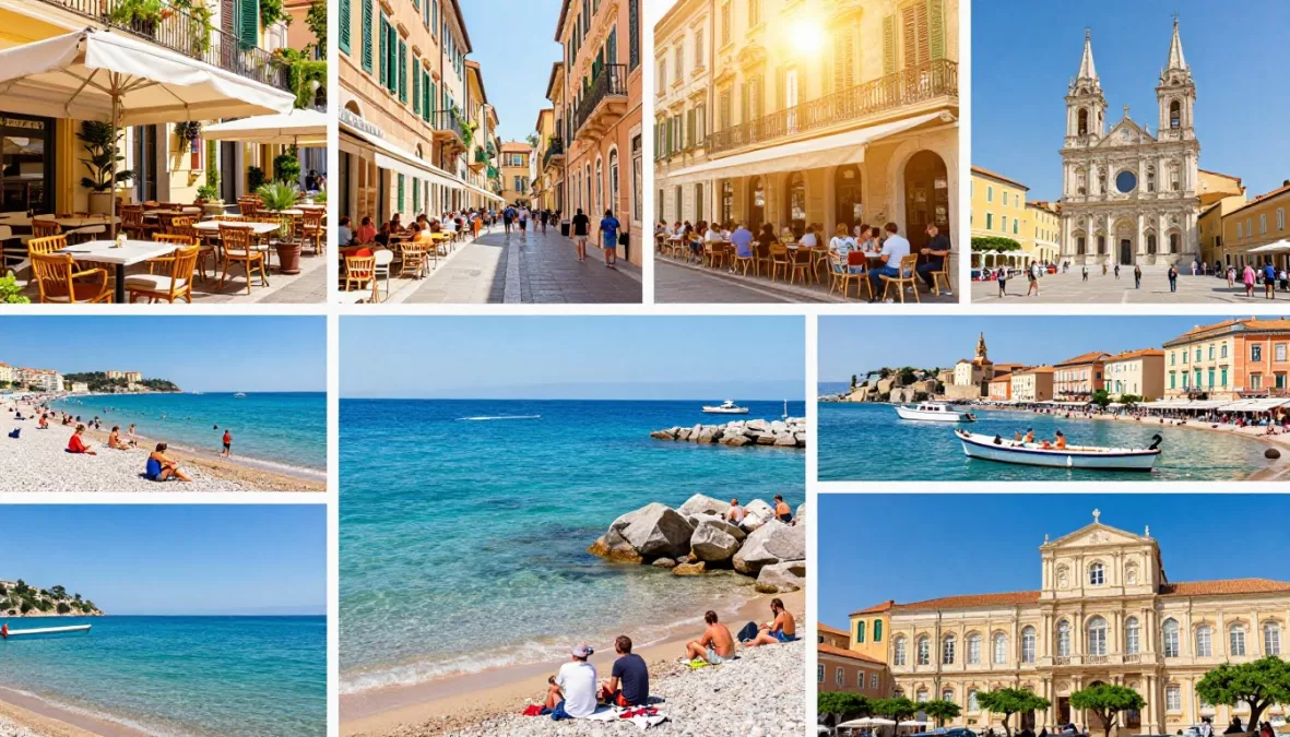 Collage of European summer city scenes with beaches, historic streets and outdoor dining