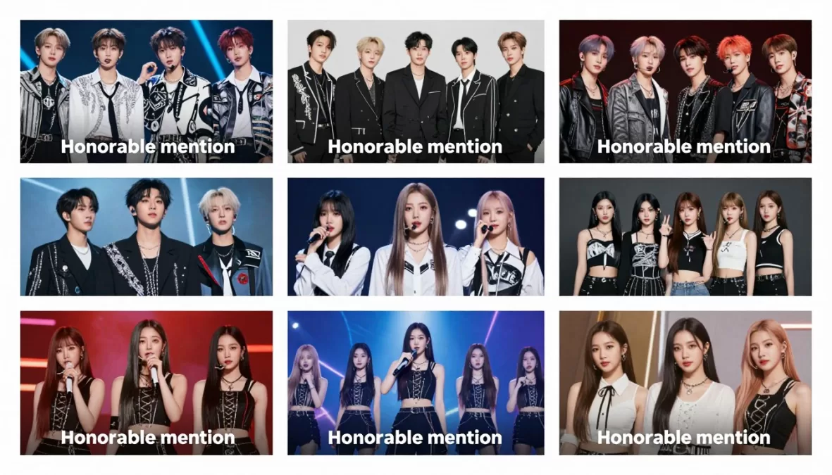 Collage of honorable mention K-pop groups that just missed the top 10 for 2026