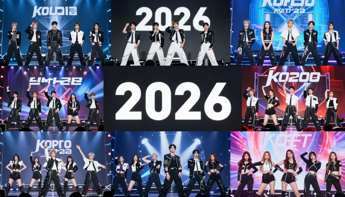 Collage of the top 10 kpop groups 2026 showing their visual concepts and performances