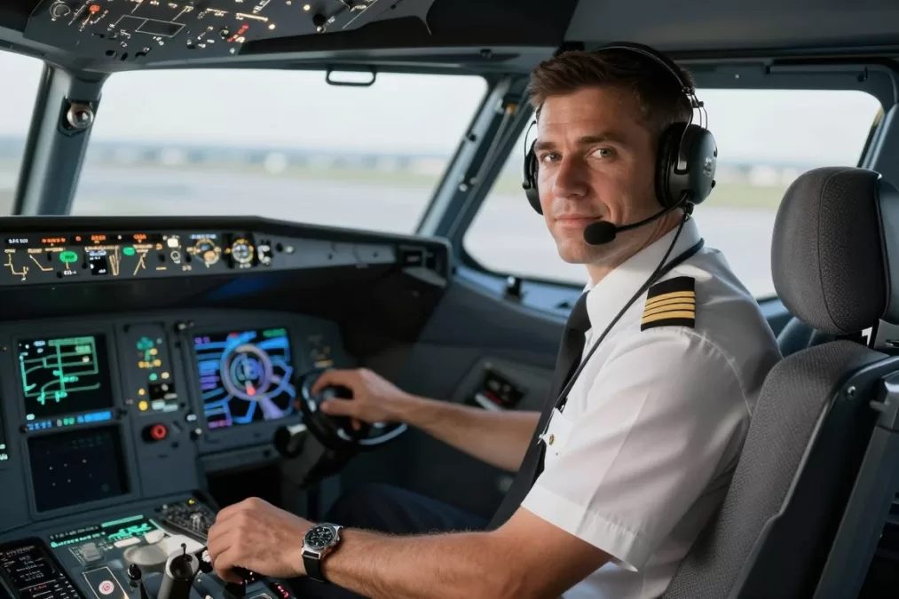 Commercial pilot in cockpit of aircraft