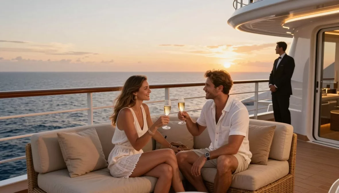 Couple enjoying champagne on private veranda of luxury cruise suite