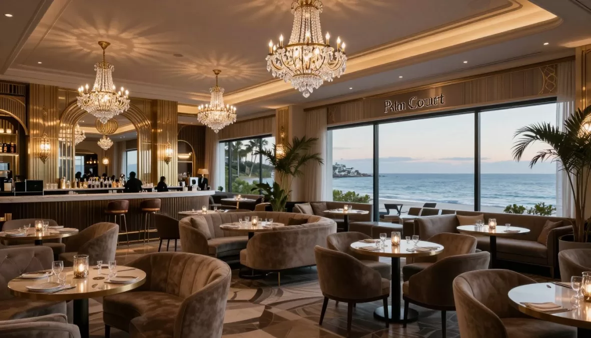 Crystal Symphony's Palm Court lounge with elegant decor