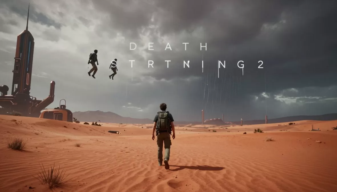 Death Stranding 2: On the Beach showing Sam Porter Bridges traversing a surreal Australian landscape