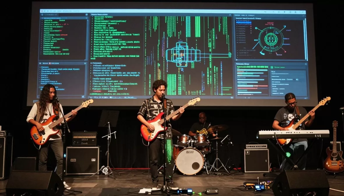 Deep Learning Disciples performing with AI-augmented instruments and visual data displays
